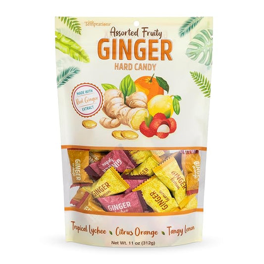 Ginger Hard Candy, Assorted Fruit Flavors 11 oz bag, Individually Wrapped Healthy Candy, The Sweet and Spicy Natural Remedy for Anti-Nausea and Digestion, Made with Real Ginger Extract