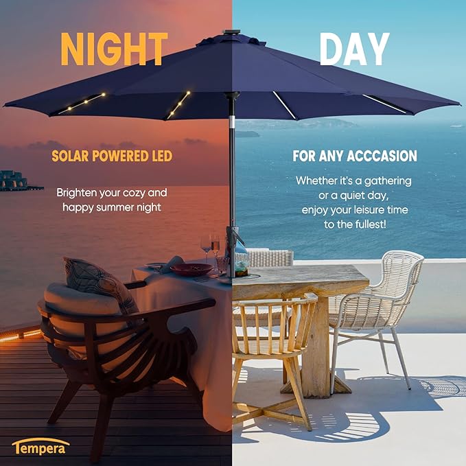 Tempera Solar Patio Umbrella 40 LED Lighted Outdoor Umbrella Table Market Umbrella with Push Button Tilt and Crank, Solar Umbrella with Sturdy Pole&Fade Resistant Canopy, Easy to Set
