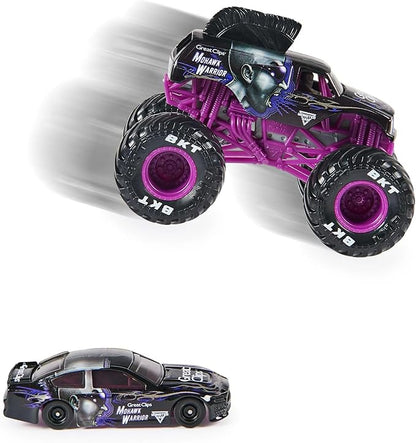 Monster Jam Official 1:64 Scale Diecast 2-Pack Monster Truck and Race Car Series 4 Mohawk Warrior, Purple