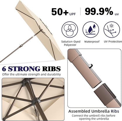 6.6x10ft Rectangular Patio Umbrella, 2 Tiers Outdoor Table Umbrellas with Push Button Tilt and Crank for Patio, Pool, Backyard, Deck, Picnic, Yard (Beige)
