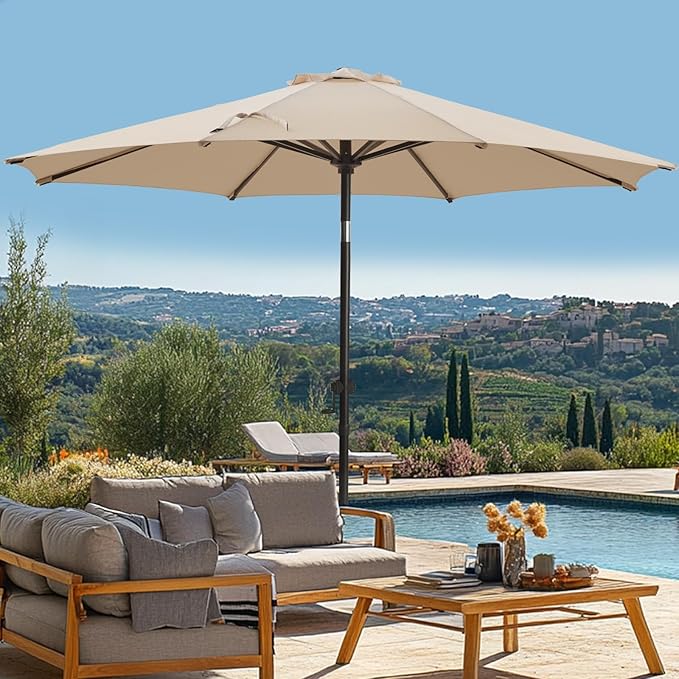 wikiwiki 11 FT Patio Umbrellas Outdoor Table Market Umbrella with Push Button Tilt/Crank,8 Sturdy Ribs, Fade Resistant Waterproof POLYESTER DTY Canopy for Garden, Lawn, Deck, Backyard & Pool, Beige