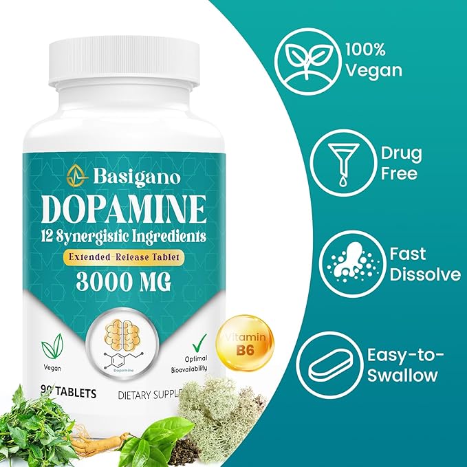 Natural Dopamine Supplement for Energy, Focus, Motivation, Mental Alertness, Mood, and Stress - Non-GMO, Gluten-Free - 90 Tablets
