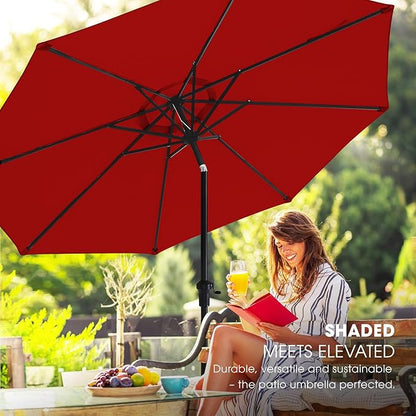 wikiwiki 9 FT Patio Umbrellas Outdoor Table Market Umbrella with Push Button Tilt/Crank, 8 Sturdy Ribs, Fade Resistant Waterproof POLYESTER DTY Canopy for Garden, Lawn, Backyard & Pool, Burgundy Red