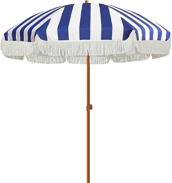 AMMSUN 7ft Patio Umbrella with Fringe Outdoor Tassel Umbrella UPF50+ Wood Color Steel Pole and Steel Ribs Push Button Tilt, Navy Stripe