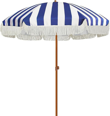 AMMSUN 7ft Patio Umbrella with Fringe Outdoor Tassel Umbrella UPF50+ Wood Color Steel Pole and Steel Ribs Push Button Tilt, Navy Stripe