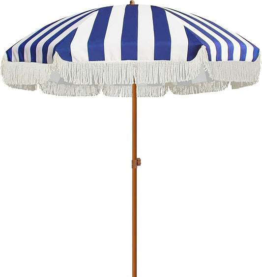 AMMSUN 7ft Patio Umbrella with Fringe Outdoor Tassel Umbrella UPF50+ Wood Color Steel Pole and Steel Ribs Push Button Tilt, Navy Stripe
