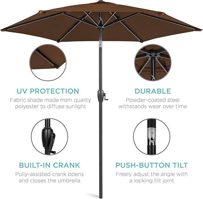 Best Choice Products 7.5ft Heavy-Duty Round Outdoor Market Table Patio Umbrella w/Steel Pole, Push Button Tilt, Easy Crank Lift - Brown