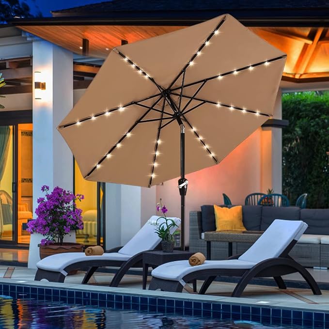 ABCCANOPY Durable Solar Led Patio Umbrellas with 32LED Lights 9FT (khaki)