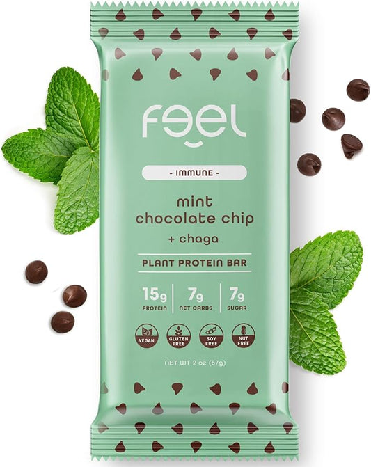 Feel Vegan Protein Bars | Mint Chocolate Chip | Keto | Gluten Free | Organic | Chaga Mushroom | 15g Plant Protein | Low Carb | High Protein | Dairy Free | Low Sugar | Grain Free | Nut Free | Soy Free