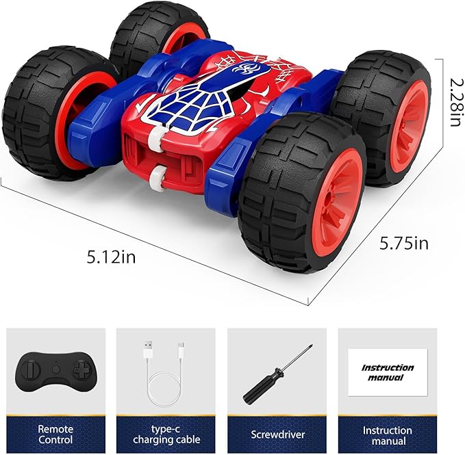 Tecnock Spider Remote Control Car, 2.4GHz RC Cars with USB-C Easy Charging, 4WD Double Sided 360° Rotates & Flips RC Stunt Car, Toys Gift for Boys and Girls