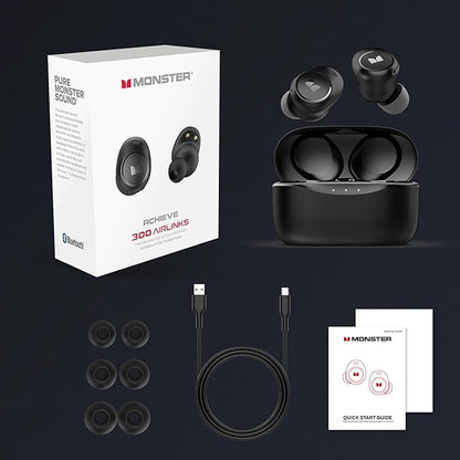 Monster Achieve 300 AirLinks Wireless Earbuds, Bluetooth 5.3 in-Ear Stereo Headphones, with USB-C Charging Case, Built-in Microphone for Clear Calls, Type-C Charging, Touch Control