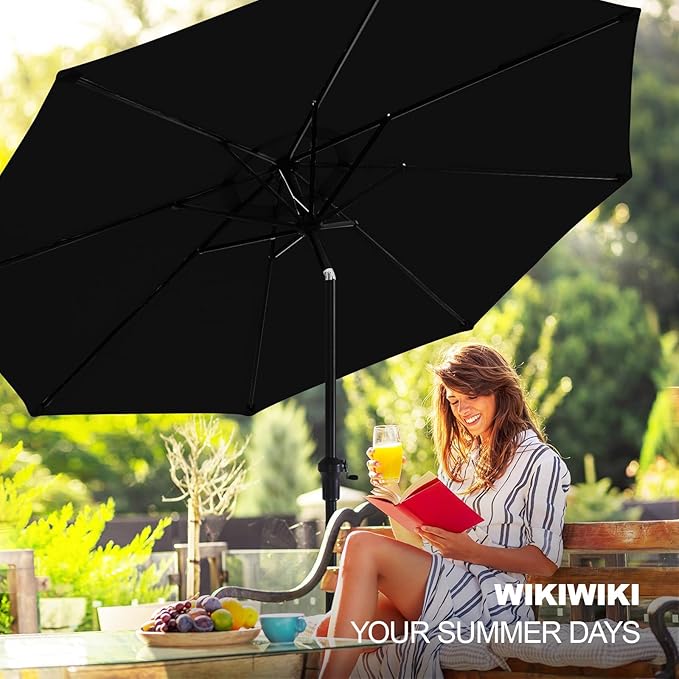 wikiwiki 10 FT Patio Umbrellas Outdoor Table Market Umbrella with Push Button Tilt/Crank, 8 Sturdy Ribs, Fade Resistant Waterproof POLYESTER DTY Canopy for Garden, Lawn, Deck, Backyard & Pool, Black