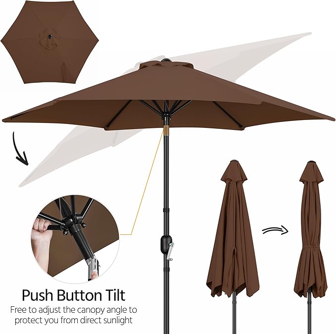 Yaheetech Patio Umbrella, 9FT Outdoor Table Market Umbrella with Push Button Tilt and Crank, Yard Sun Shade with Sturdy Ribs for Garden, Deck, Backyard, Pool, Brown
