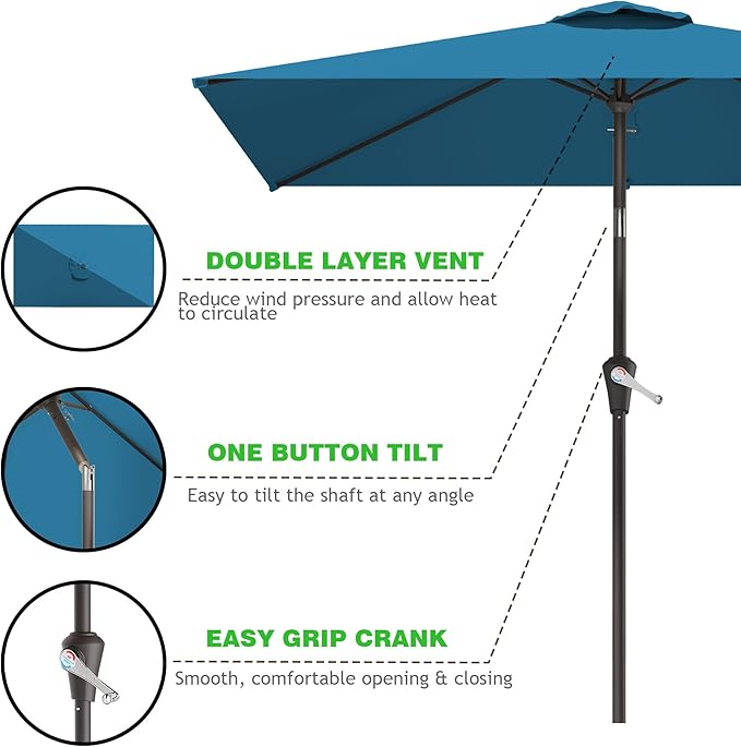 6.5' x 10' Rectangular Patio Umbrellas for Outdoor, Outdoor Table Umbrella, Large Outdoor Patio Umbrellas with 6 Sturdy Ribs for Market, Garden, Pool (Lake Blue)