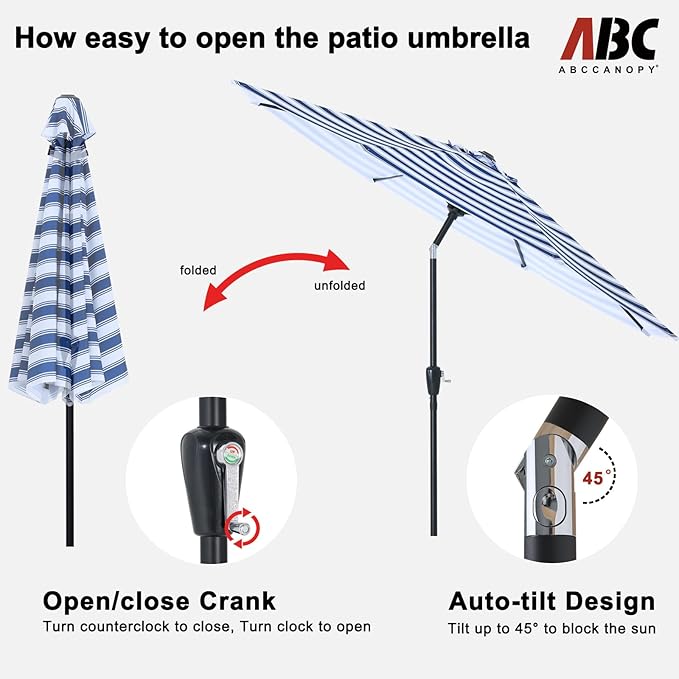 ABCCANOPY 9FT Outdoor Patio Umbrella, 8 Ribs Table Umbrella w/Crank for Easy Set Up, Suitable for Garden, Lawn, Deck & Backyard (Blue White Stripes)