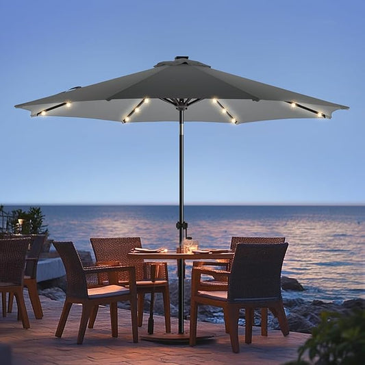 wikiwiki 9ft Solar Led Patio Umbrella, Sturdy Outdoor Market Umbrella for Deck, Pool, Garden w/Tilt, Crank, 32 LED Lights, Dark Gray