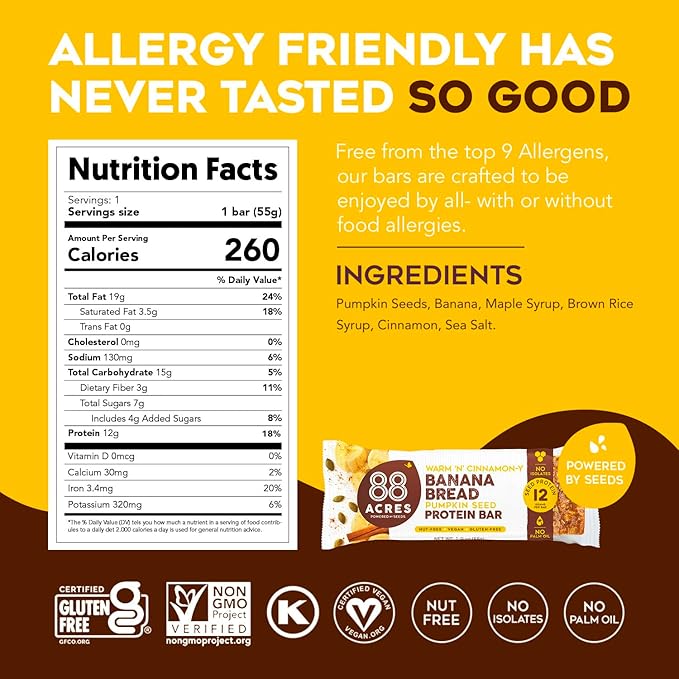 88 Acres Plant Based Seed Protein Bar | 9 Pack, Banana Bread | 12g of Plant Based Protein, Gluten Free, Nut Free, Non GMO, School Safe, No Palm Oil