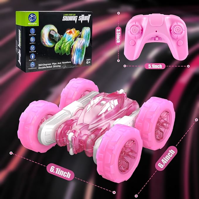 Pink Remote Control Car for Girls Rechargeable Fast Direct Charging RC Cars for Kids with Colorful Light,Double-Sided 360° Rotating RC Stunt Car 4WD RC Car Toys for Ages 5-7 Gift for Girls Aged 6-12