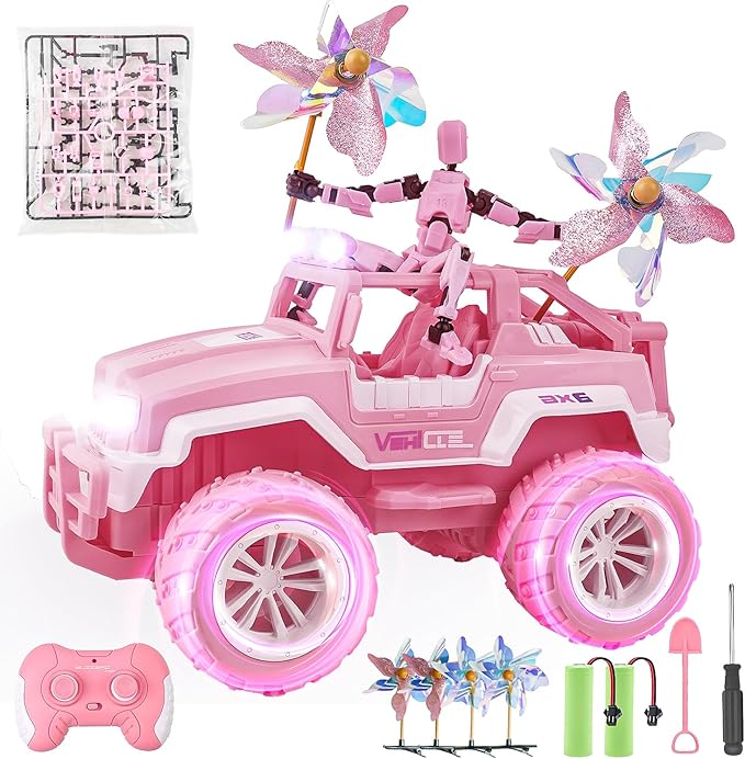BEZGAR Remote Control Car for Girls - 1:16 Pink RC Cars with Action Figure & 4 Windmills, 2.4GHz with LED Lights, 80 Mins Play with Rechargeable Battery, Monster Truck Jeep Toys Gifts for Kids