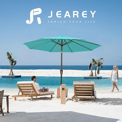JEAREY 9FT Outdoor Patio Umbrella Outdoor Table Umbrella with Push Button Tilt and Crank, Market Umbrella 8 Sturdy Ribs UV Protection Waterproof for Garden, Deck, Backyard, Pool (Peacock Blue)