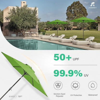 JEAREY 7.5FT Patio Umbrella Market Table Umbrella with 6 Sturdy Ribs, Push Button Tilt/Crank Outdoor Umbrella for Garden, Deck, Backyard, Pool and Beach,Grass Green