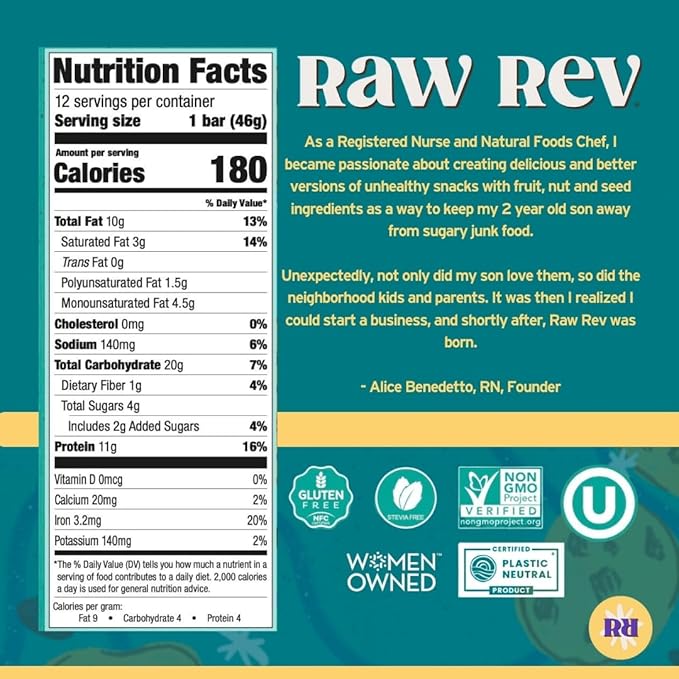 Raw Rev Vegan Protein Bars- Chocolate Chip Cookie Dough, 12 bars, Non-GMO, Plastic-Neutral, Nothing Artificial, Glo Formula, Gluten-Free, Keto-Friendly, Paleo, Kosher, No Sugar Alcohols, No Stevia.