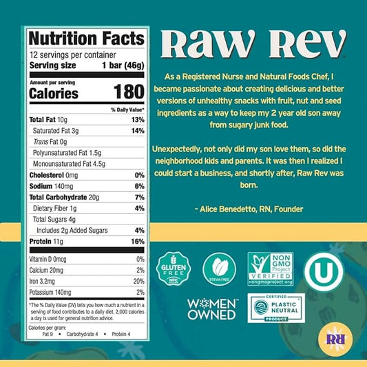 Raw Rev Vegan Protein Bars- Chocolate Chip Cookie Dough, 12 bars, Non-GMO, Plastic-Neutral, Nothing Artificial, Glo Formula, Gluten-Free, Keto-Friendly, Paleo, Kosher, No Sugar Alcohols, No Stevia.