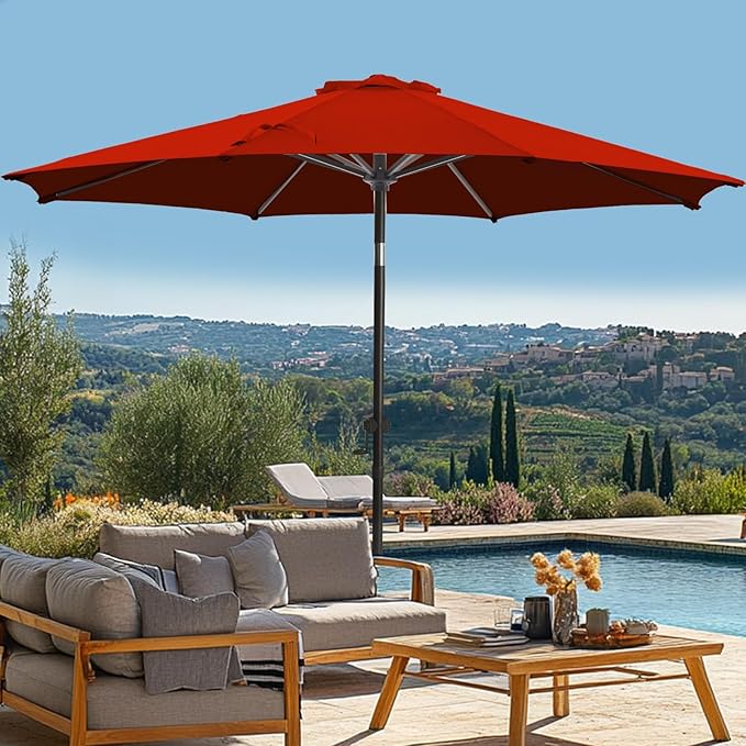 wikiwiki 10 FT Patio Umbrellas Outdoor Table Market Umbrella with Push Button Tilt/Crank, 8 Sturdy Ribs, Fade Resistant Waterproof POLYESTER DTY Canopy for Garden, Lawn, Deck, Backyard & Pool, Red