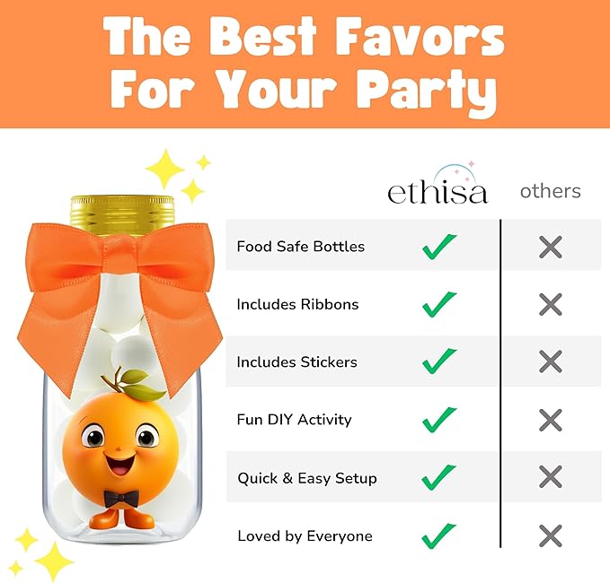 Small 12 Pack Little Cutie Baby Shower Party Favors - Candy Jars with Ribbons and Stickers - DIY Party Decoration Bottles for Little Cutie is on the Way Gender Reveal - Orange Table Centerpiece
