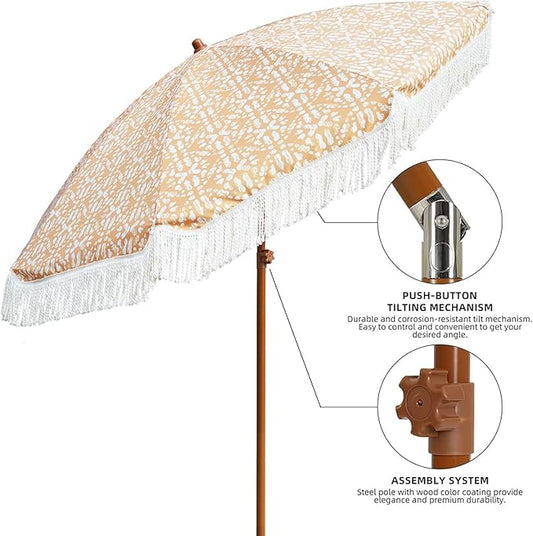 AMMSUN 7ft Patio Umbrella with Fringe Outdoor Tassel Umbrella UPF50+ Premium Steel Pole and Ribs Push Button Tilt, Retro Bohemian