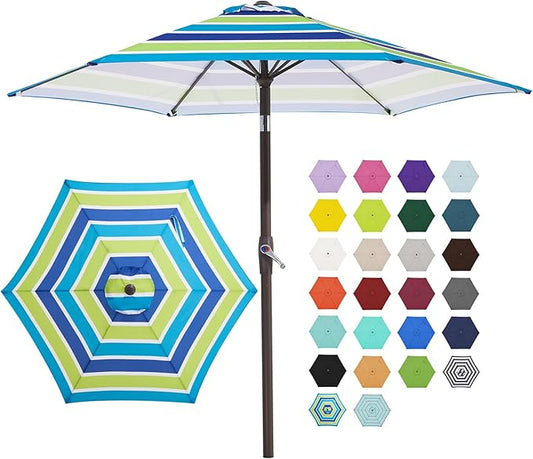 JEAREY 7.5FT Patio Umbrella Market Table Umbrella with 6 Sturdy Ribs, Push Button Tilt/Crank Outdoor Umbrella for Garden, Deck, Backyard, Pool and Beach,Bold Blue-Green Stripe