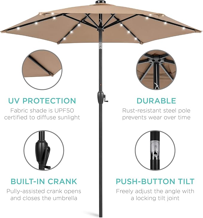 Best Choice Products 7.5ft Outdoor Solar Market Table Patio Umbrella for Deck, Pool w/Tilt, Crank, LED Lights - Tan