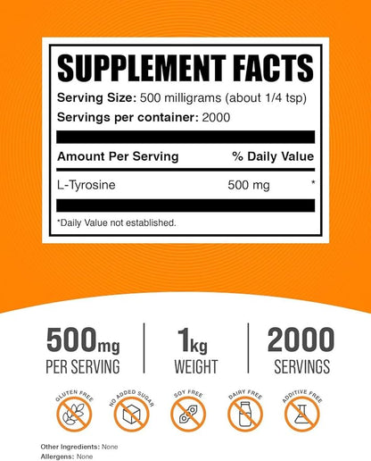 BulkSupplements.com L-Tyrosine Powder -Tyrosine Supplement, Tyrosine Powder, Tyrosine 500mg - Amino Acid Supplement, Unflavored & Gluten Free - 500mg per Serving, 1kg (2.2 lbs) (Pack of 1)