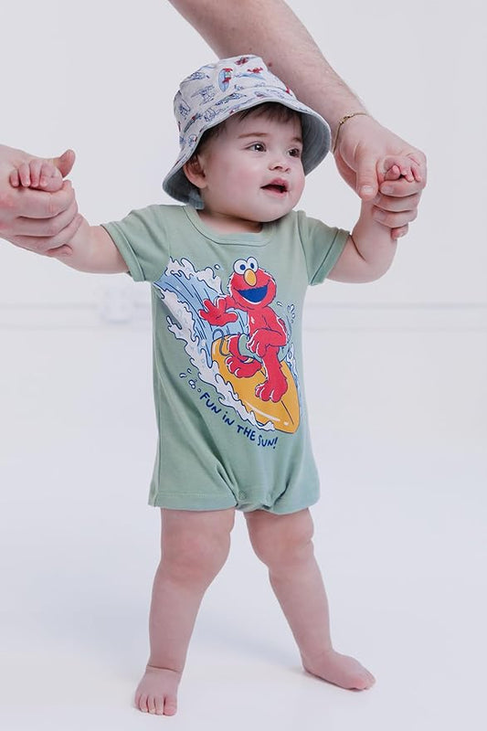 Sesame Street Elmo Cookie Monster Big Bird Romper and Bucket Sun Hat Newborn to Toddler