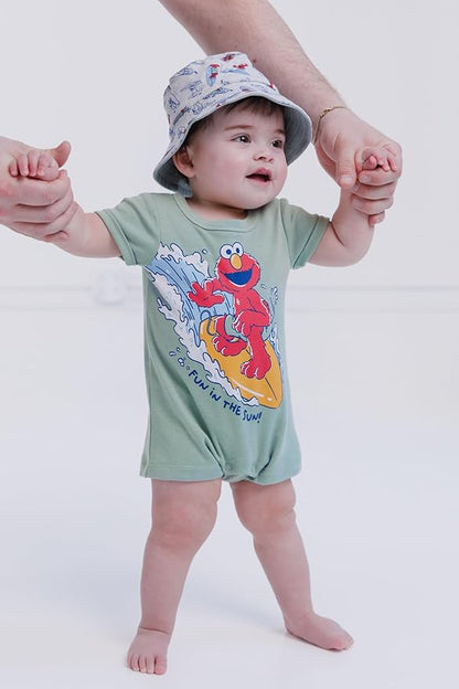 Sesame Street Elmo Cookie Monster Big Bird Romper and Bucket Sun Hat Newborn to Toddler
