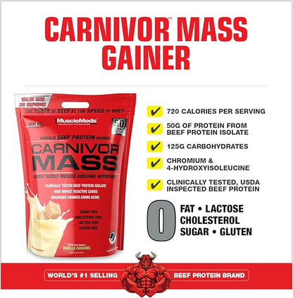 MuscleMeds Carnivor Mass Anabolic Beef Protein Gainer, Vanilla Caramel, 10 Pounds
