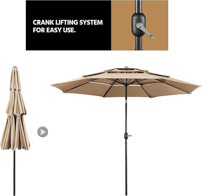 Yaheetech 3-Tier Patio Umbrella 10ft Vented Outdoor Canopy Sun Shade Large Market Table Umbrella Double-layer Cloth & Push-button Tilting for Yard/Garden/Park Tan