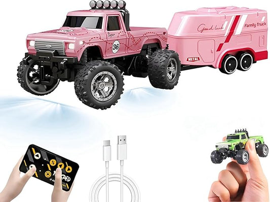 Mini RC Car, 1/64 Scale Mini Remote Control Monster Truck with Trailer, 2.4Ghz & APP Remote Control, Rechargeable Alloy Shell Mini RC Cars with Lights, Speed/Steering Adjustable (Pink)