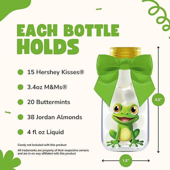 Small 12 Pack Frog Party Favors - DIY Candy Jars with Ribbons and Stickers - Party Decoration Bottles for Birthday, School Classroom, and Baby Shower - Toad Theme Table Centerpiece for Kids