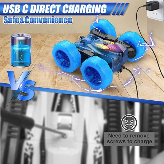 Remote Control Car,Stunt RC Cars for Kids with Colorful Light,Fast USB-C Charging,Double-Sided 360° Rotating Rechargeable 4WD RC Truck Car Toys for Ages 5-7 Gift for Boys Girls Ages 8-12(Blue)