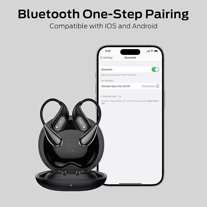 Monster Open Ear AC210 Headphones, Bluetooth 5.4 Earphones Stereo Sound, Wireless Headphones 30 Hours Playback, Type-C Charging, HD Clear Calls, Touch Control, IPX5 Waterproof Open Ear Earbuds,Black