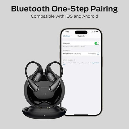 Monster Open Ear AC210 Headphones, Bluetooth 5.4 Earphones Stereo Sound, Wireless Headphones 30 Hours Playback, Type-C Charging, HD Clear Calls, Touch Control, IPX5 Waterproof Open Ear Earbuds,Black