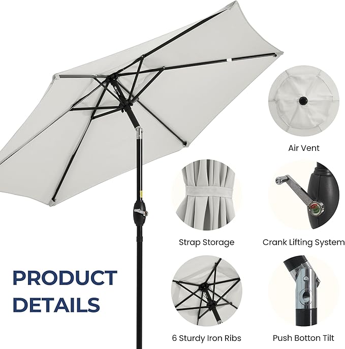 SUNVIVI OUTDOOR 7.5' Outdoor Patio Umbrella, Patio Umbrella, Market Umbrella, Metal Pole Umbrella with Push Button Tilt and Crank, 6 Ribs, Polyester Canopy