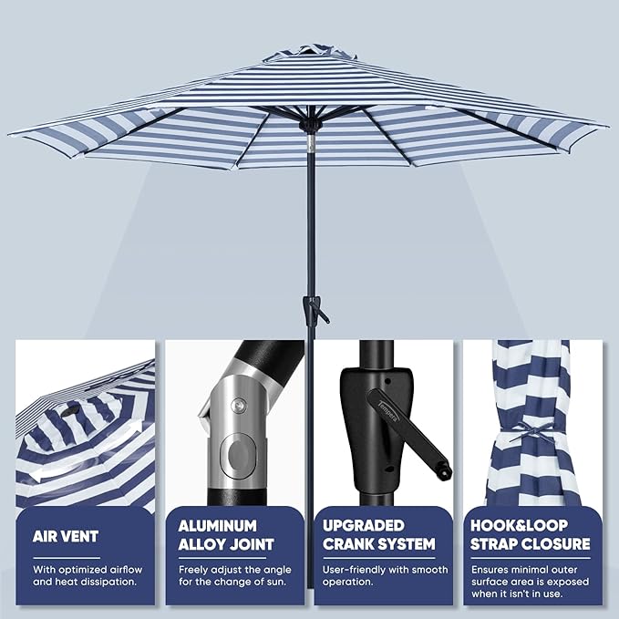 Tempera Patio Market Outdoor Table Umbrella with Push Button Tilt and Crank,Large Sun Umbrella with Sturdy Pole&Fade resistant canopy,Easy to set