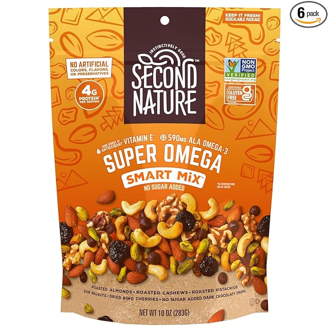Second Nature Super Omega Smart Mix, Good Source of Antioxidant Vitamin E, Good Source of Fiber, No Artificial Colors, Flavors or Preservatives, Low Sodium, Kosher, Gluten Free & Non-GMO, 10 Ounce (Pack of 6)