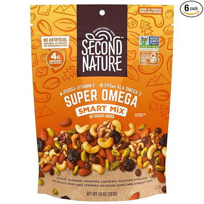 Second Nature Super Omega Smart Mix, Good Source of Antioxidant Vitamin E, Good Source of Fiber, No Artificial Colors, Flavors or Preservatives, Low Sodium, Kosher, Gluten Free & Non-GMO, 10 Ounce (Pack of 6)