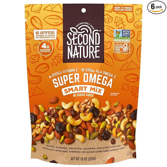 Second Nature Super Omega Smart Mix, Good Source of Antioxidant Vitamin E, Good Source of Fiber, No Artificial Colors, Flavors or Preservatives, Low Sodium, Kosher, Gluten Free & Non-GMO, 10 Ounce (Pack of 6)