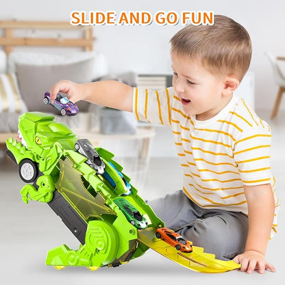 Dinosaur Transport Truck Toys - 9-in-1 Car Carrier & Track Set with 8 Mini Cars, Dino Monster Truck for Kids 3-12, Push & Pull Toy, Race & Storage Gift for Boys Girls (Green)