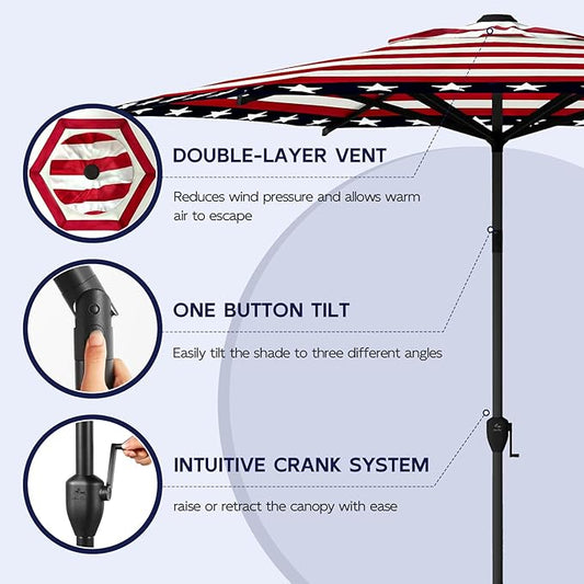 Abba Patio 9FT Lyon Outdoor Patio Umbrella Outdoor Table Umbrella with Push Button Tilt and Crank Market Umbrella 6 Sturdy Ribs UV Protection Waterproof for Garden Deck Backyard Pool, Star-Spangled