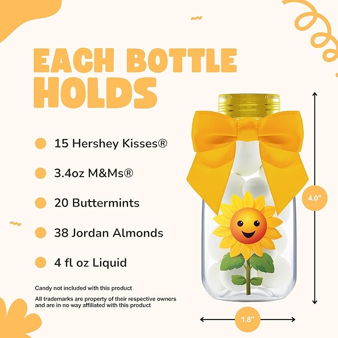 Small 12 Pack Sunflower Party Favors - DIY Candy Jars with Ribbons and Stickers - Party Decoration Bottles for Birthday, School Classroom, Baby Shower, Bridal Shower, and Wedding - Sun Flower